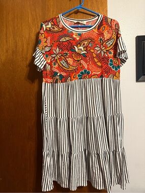 Women's Orange Floral & Black-White Stripe Midi Dress